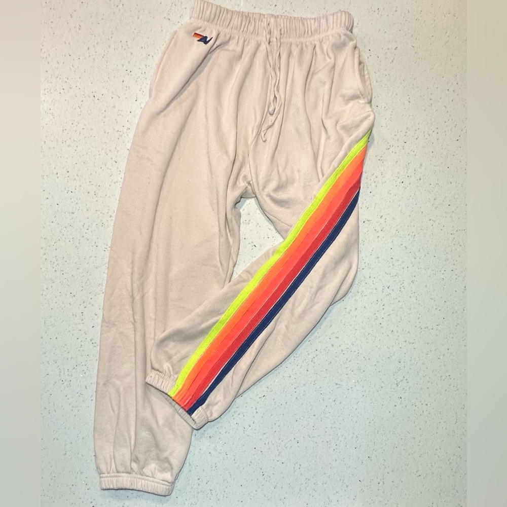 Aviator Nation Beige Joggers with Pockets and Neon Rainbow Stripe Size Small